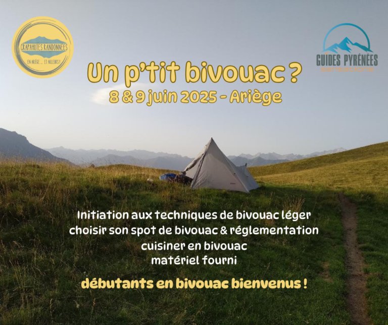 fond représentant une tente de bivouac en montagne, et informations sur le prochain séjour bivouac dans les pyrénées