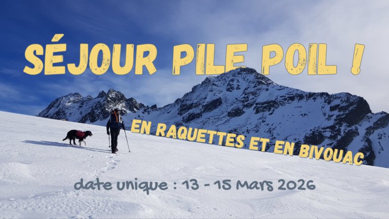 randonneur en raquettes à neige avec mentions des dates du séjour bivouac hivernal ariège